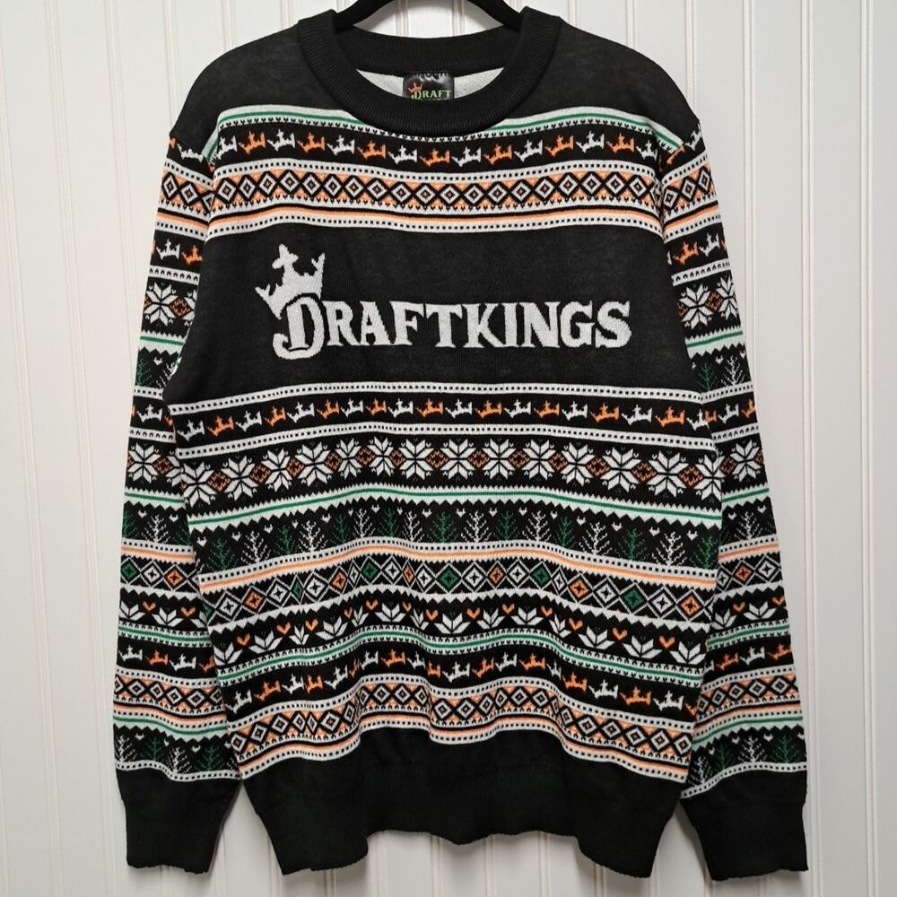 Draft Kings Sweater Mens Large Black Multicolor Striped Knit Crew Neck Christmas